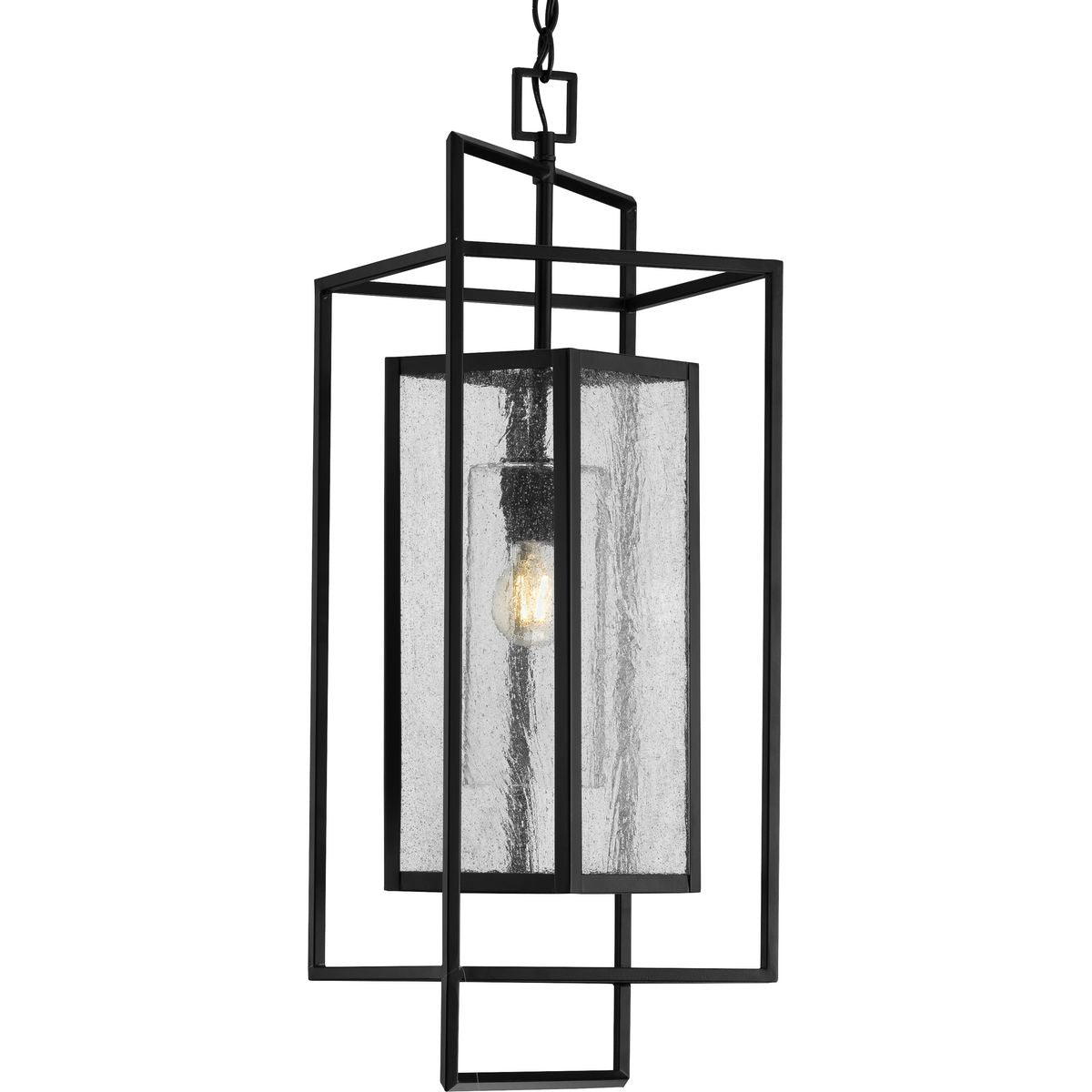 PROGRESS LIGHTING P550089-031 Matte Black Navarre One-Light Matte Black and Seeded Glass Indoor/Outdoor Hanging Pendant Light