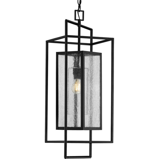 PROGRESS LIGHTING P550089-031 Matte Black Navarre One-Light Matte Black and Seeded Glass Indoor/Outdoor Hanging Pendant Light
