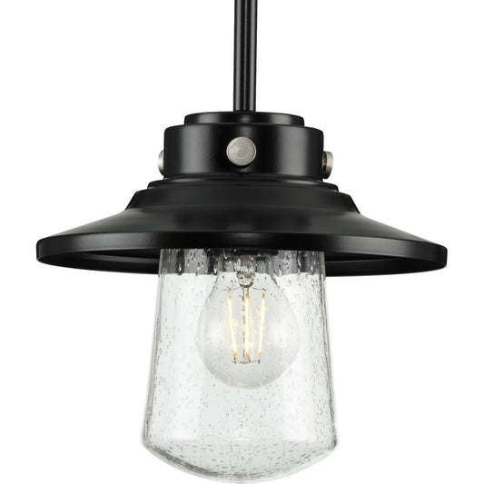 PROGRESS LIGHTING P550093-031 Matte Black Tremont Collection One-Light Matte Black and Clear Seeded Glass Farmhouse Style Hanging Mini-Pendant Light