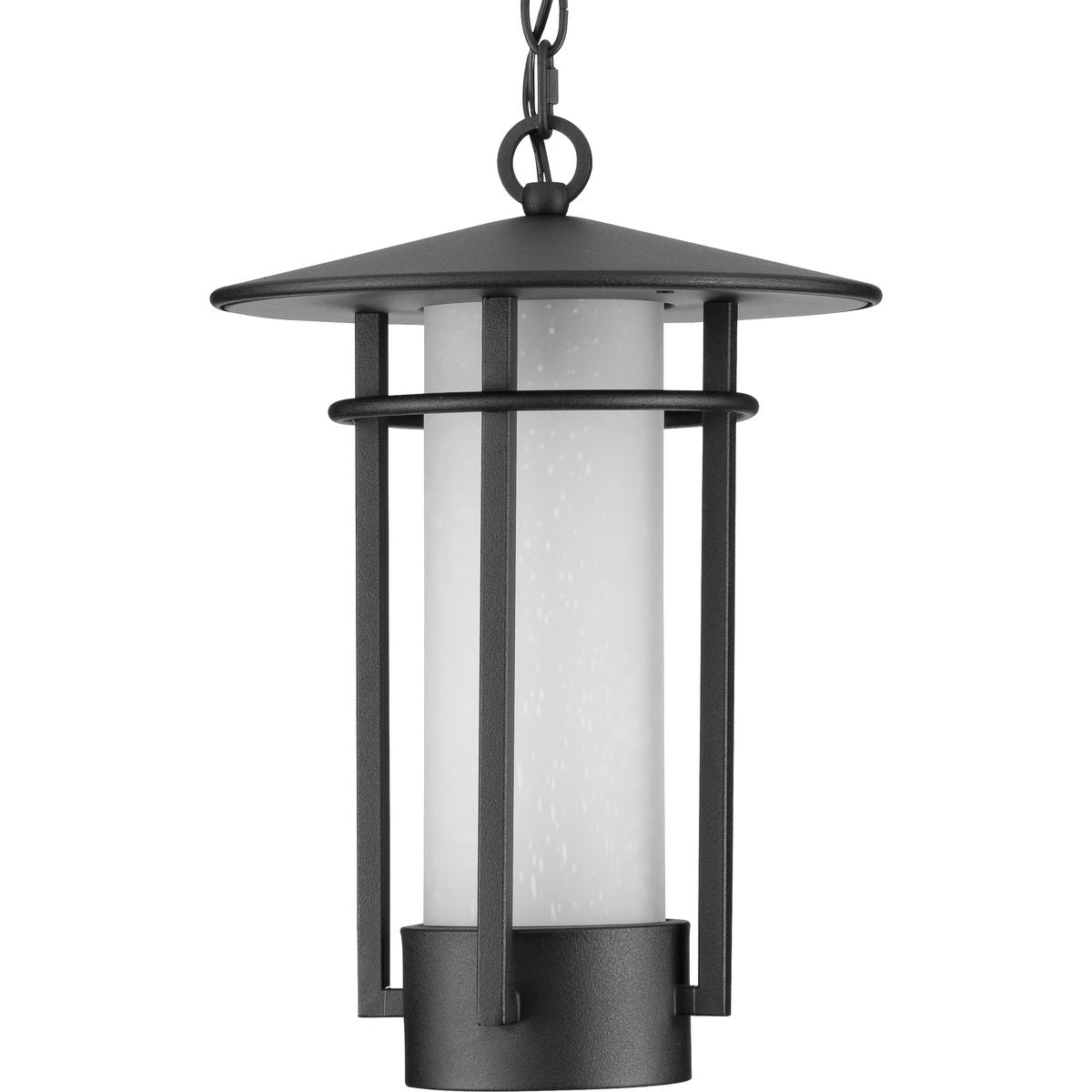 PROGRESS LIGHTING P550097-031 Textured Black Exton Collection One-Light Textured Black and Etched Seeded Glass Modern Style Outdoor Hanging Pendant Lantern