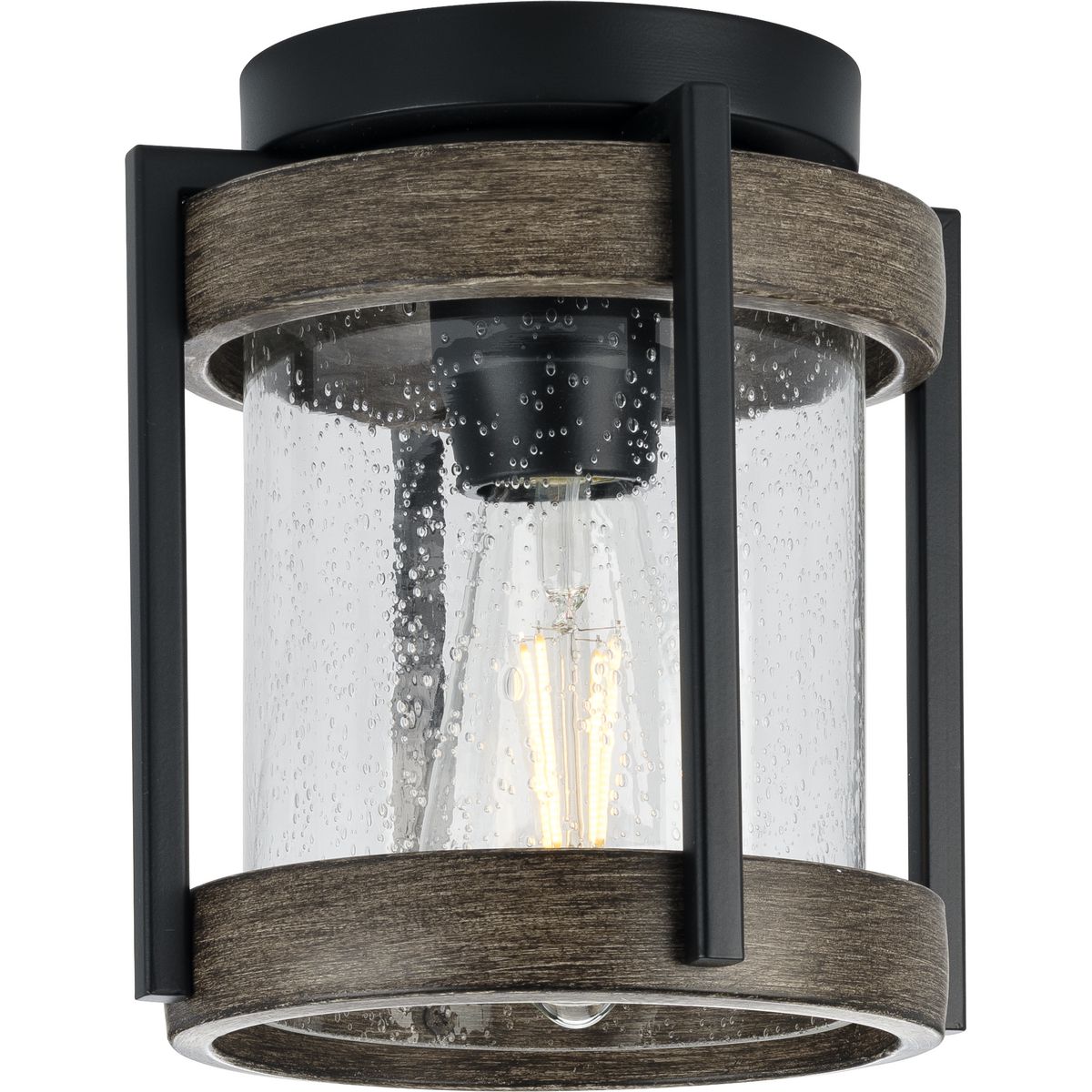 PROGRESS LIGHTING P550109-31M Matte Black Whitmire Collection One-Light Matte Black with Aged Oak Accents Clear Seeded Glass Farmhouse Outdoor Ceiling Mount Light