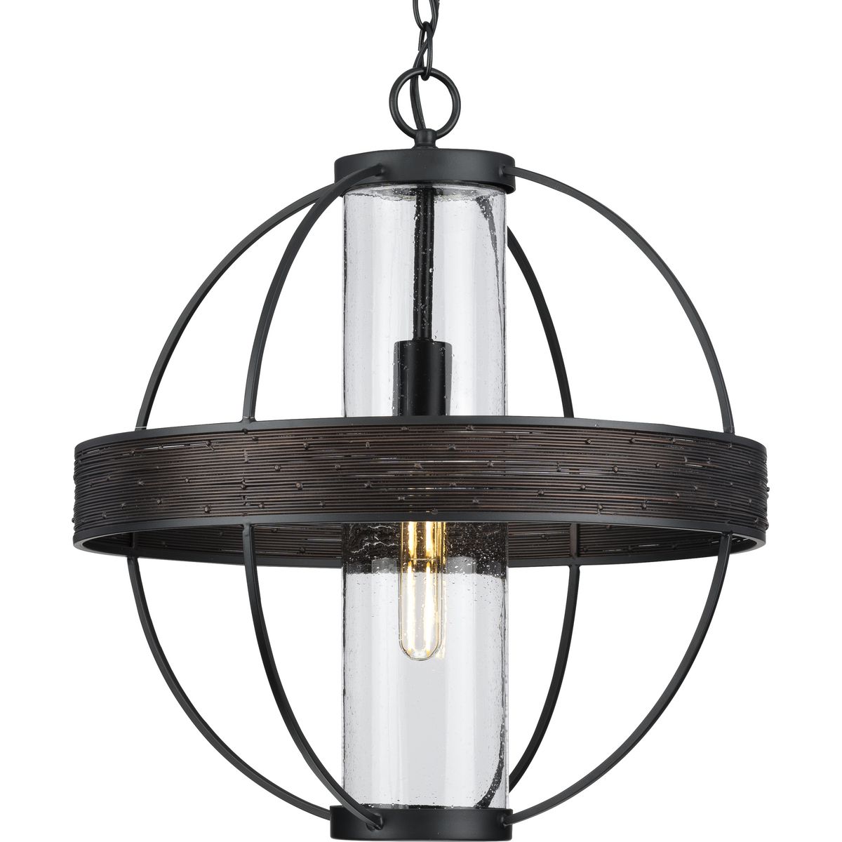 PROGRESS LIGHTING P550111-31M Matte Black Terrace Collection One-Light Matte Black Clear Seeded Glass Global Outdoor Hanging Light