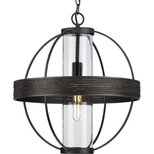PROGRESS LIGHTING P550111-31M Matte Black Terrace Collection One-Light Matte Black Clear Seeded Glass Global Outdoor Hanging Light