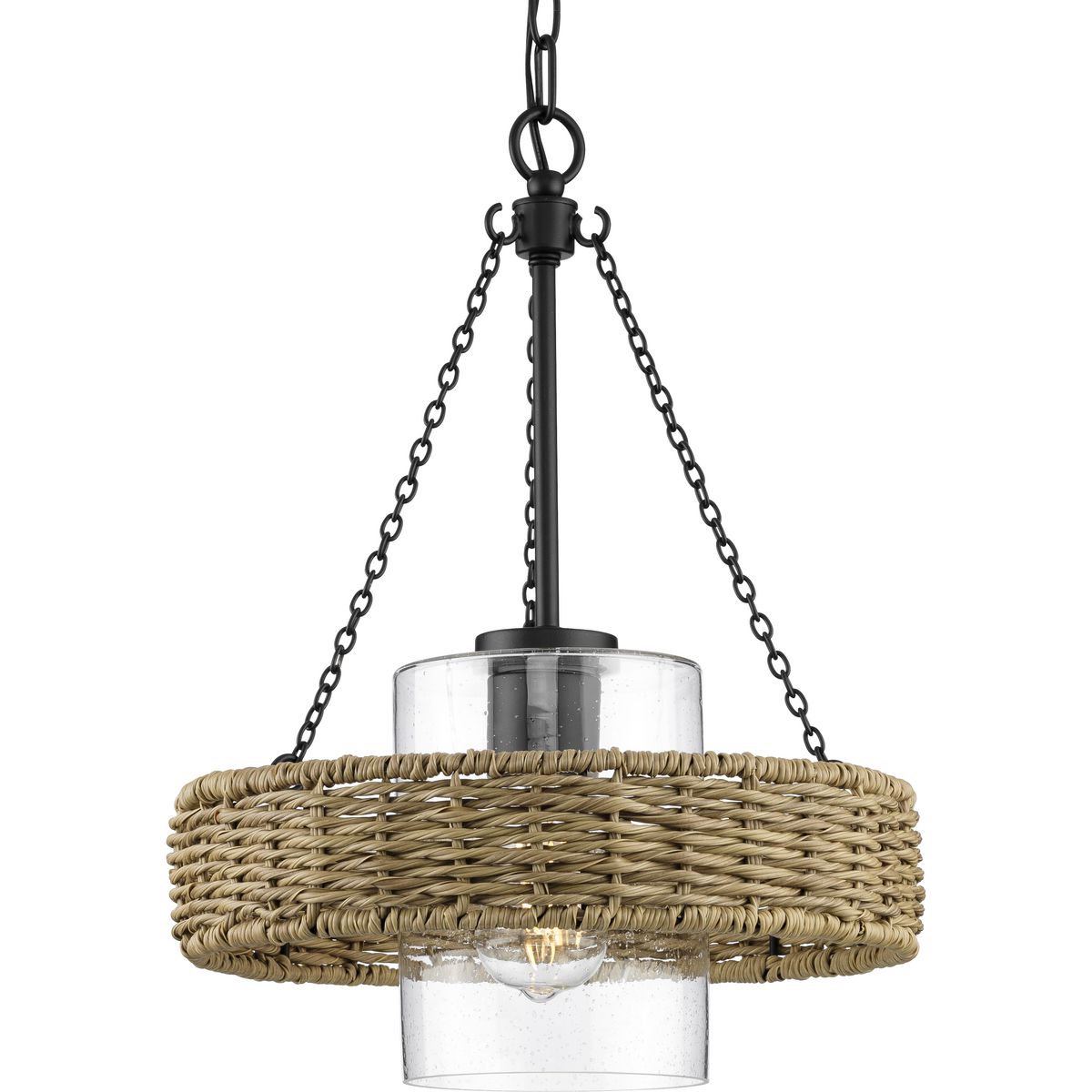 PROGRESS LIGHTING P550126-31M Matte Black Pembroke Collection One-Light 18.5" Matte Black Coastal Outdoor Pendant with Mocha Rattan Accents and Seeded Glass Shade