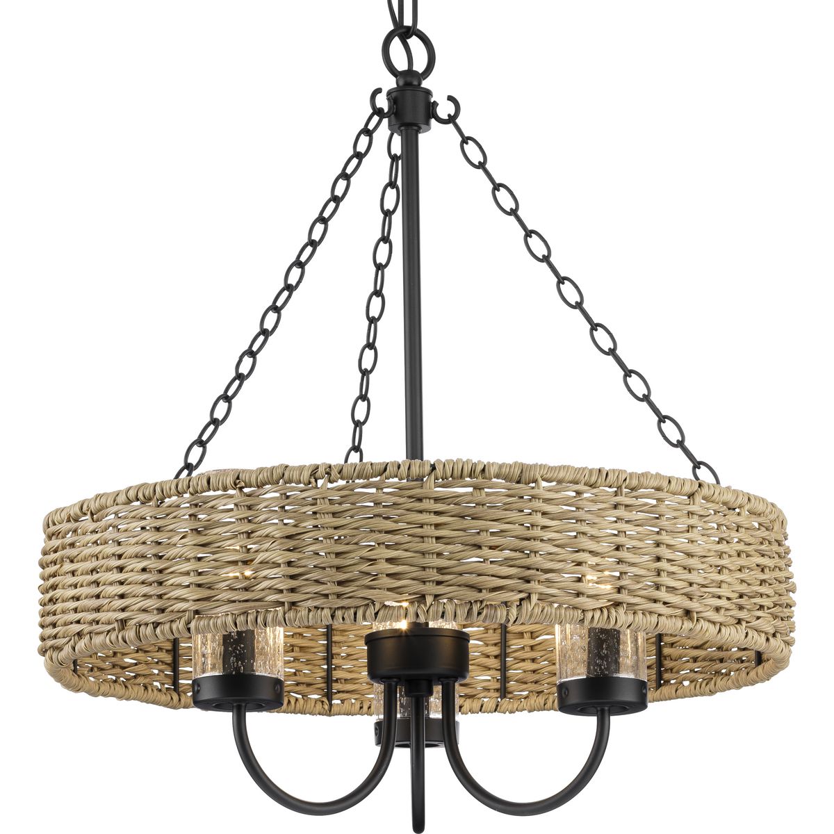 PROGRESS LIGHTING P550127-31M Matte Black Pembroke Collection Three-Light 21.5" Matte Black Coastal Outdoor Pendant with Mocha Rattan Accents and Seeded Glass Shade