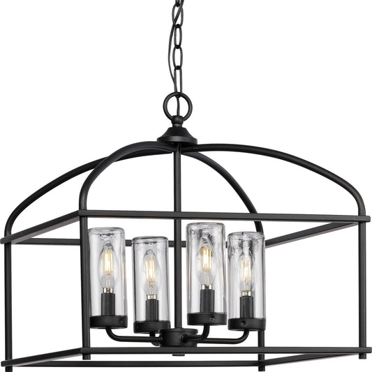 PROGRESS LIGHTING P550128-31M Matte Black Swansea Collection Four-Light 18" Matte Black Transitional Outdoor Chandelier with Clear Glass Shades