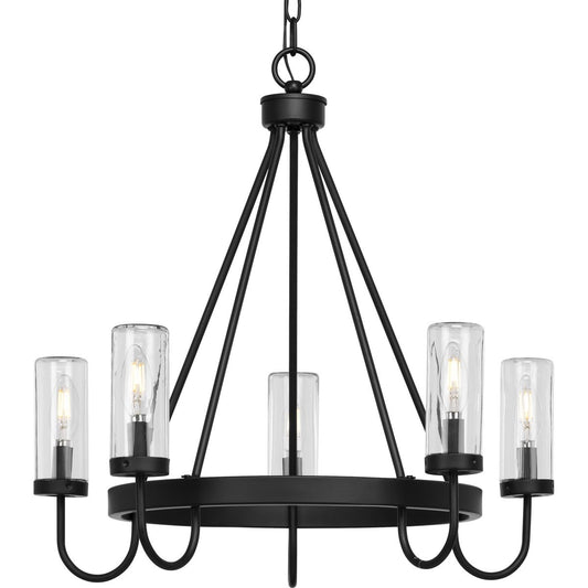 PROGRESS LIGHTING P550130-31M Matte Black Swansea Collection Four-Light 24" Matte Black Transitional Round Outdoor Chandelier with Clear Glass Shades
