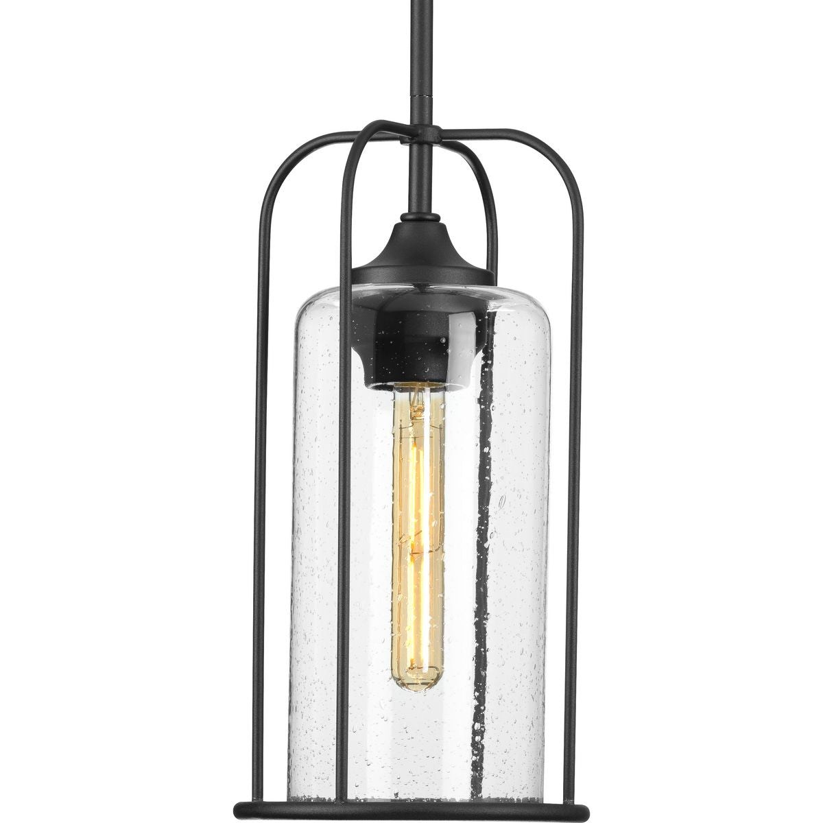 PROGRESS LIGHTING P550292-031 Textured Black Watch Hill Collection One-Light Textured Black and Clear Seeded Glass Farmhouse Style Outdoor Hanging Pendant Lantern