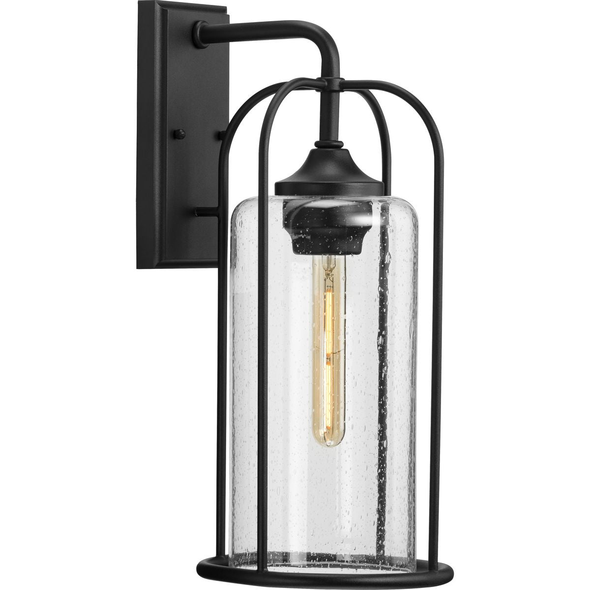 PROGRESS LIGHTING P560257-031 Textured Black Watch Hill Collection One-Light Textured Black and Clear Seeded Glass Farmhouse Style Large Outdoor Wall Lantern