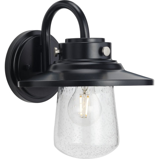 PROGRESS LIGHTING P560263-031 Matte Black Tremont Collection One-Light Matte Black and Clear Seeded Glass Farmhouse Style Medium Outdoor Wall Lantern