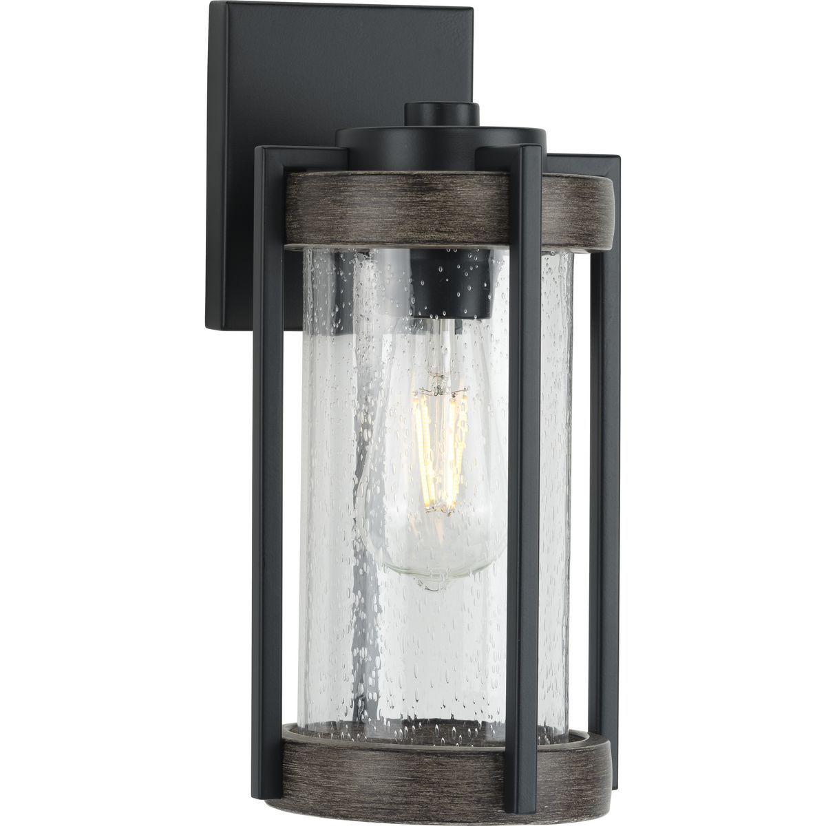 PROGRESS LIGHTING P560281-31M Matte Black Whitmire Collection One-Light Matte Black with Aged Oak Accents Clear Seeded Glass Farmhouse Outdoor Wall Lantern Light