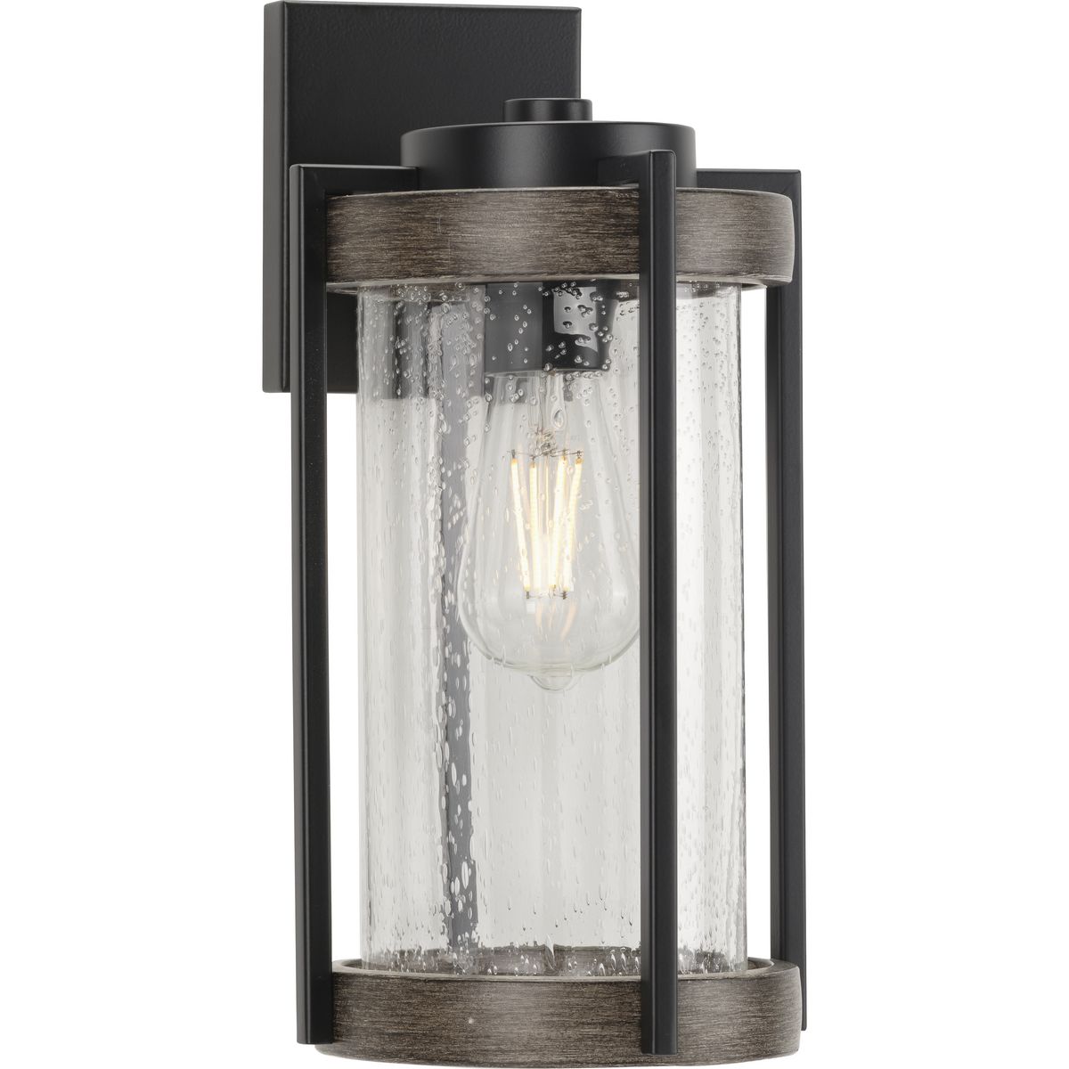 PROGRESS LIGHTING P560282-31M Matte Black Whitmire Collection One-Light Matte Black with Aged Oak Accents Clear Seeded Glass Farmhouse Outdoor Wall Lantern Light