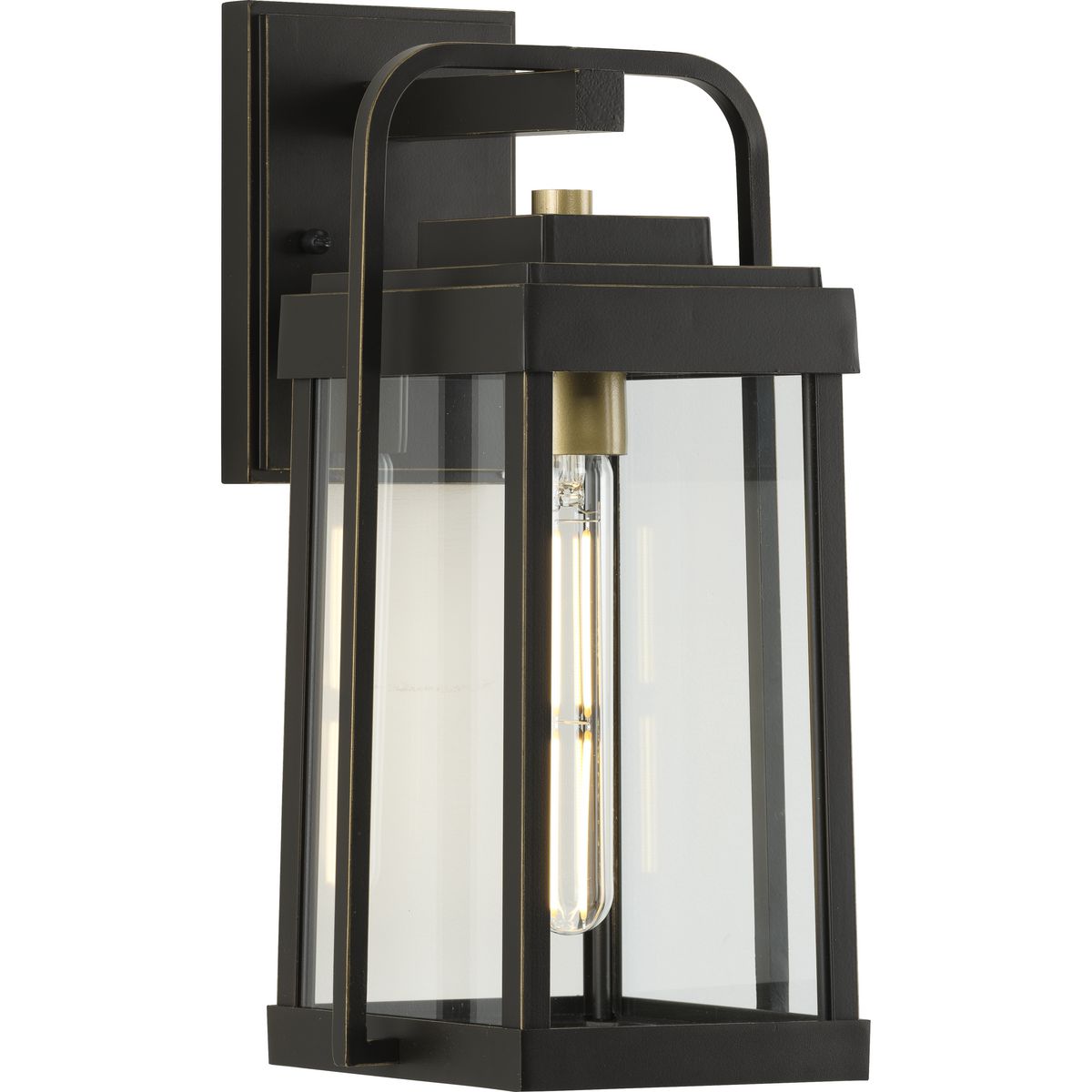 PROGRESS LIGHTING P560286-020 Antique Bronze Walcott Collection One-Light Antique Bronze with Brasstone Accents Clear Glass Transitional Outdoor Wall Lantern Light