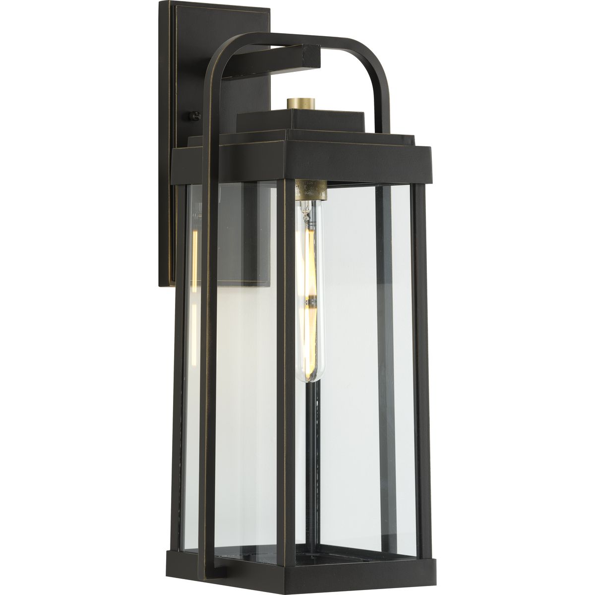 PROGRESS LIGHTING P560287-020 Antique Bronze Walcott Collection One-Light Antique Bronze with Brasstone Accents Clear Glass Transitional Outdoor Wall Lantern Light