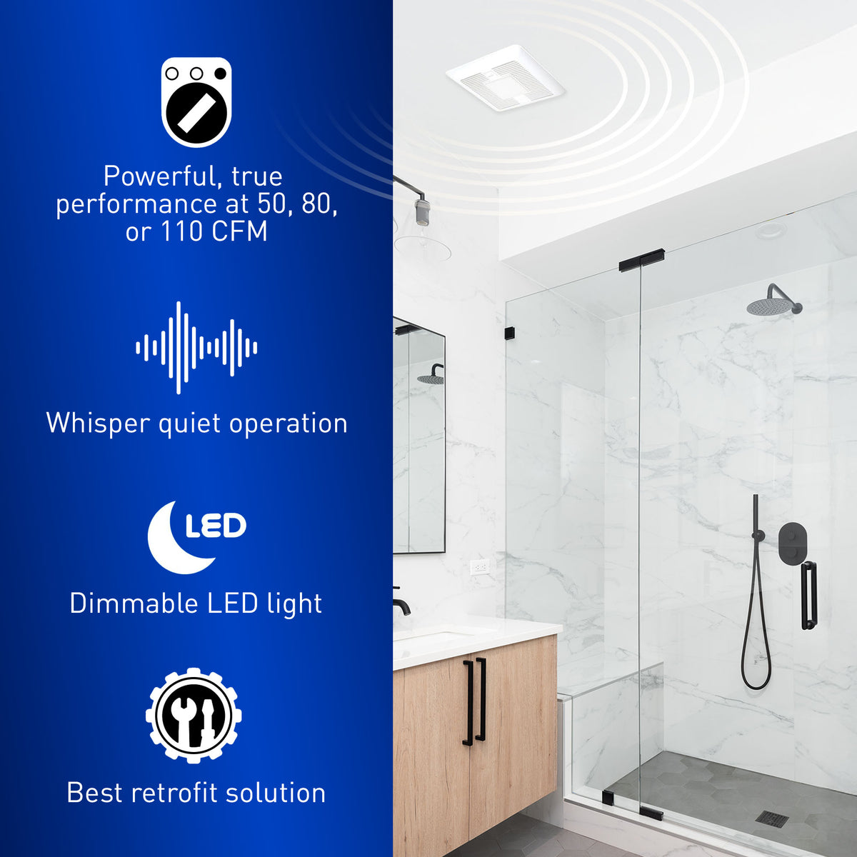 PANASONIC FV-0511VFBL1 WhisperFit DC Fan/Light - Bluetooth Speakers, 50-80-110 CFM