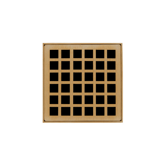 INFINITY DRAIN Q 4 PB QD 4 4" x 4" Strainer with Squares Pattern Decorative Plate and 2" Throat in Polished Brass for QD 4