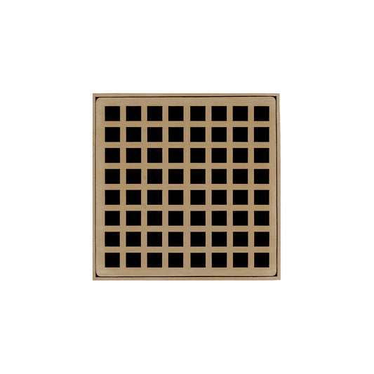 INFINITY DRAIN QD 5-2H SC QD 5 5" x 5" QD 5 Complete Kit with Squares Pattern Decorative Plate in Satin Champagne with Cast Iron Drain Body for Hot Mop, 2" Outlet
