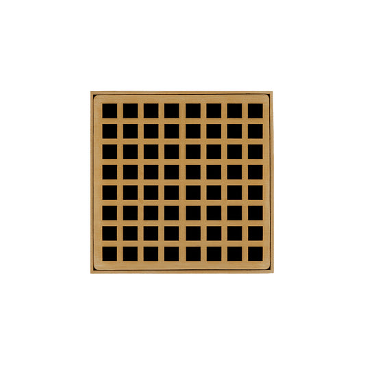 INFINITY DRAIN QD 5-2I PB QD 5 5" x 5" QD 5 Complete Kit with Squares Pattern Decorative Plate in Polished Brass with Cast Iron Drain Body, 2" Outlet