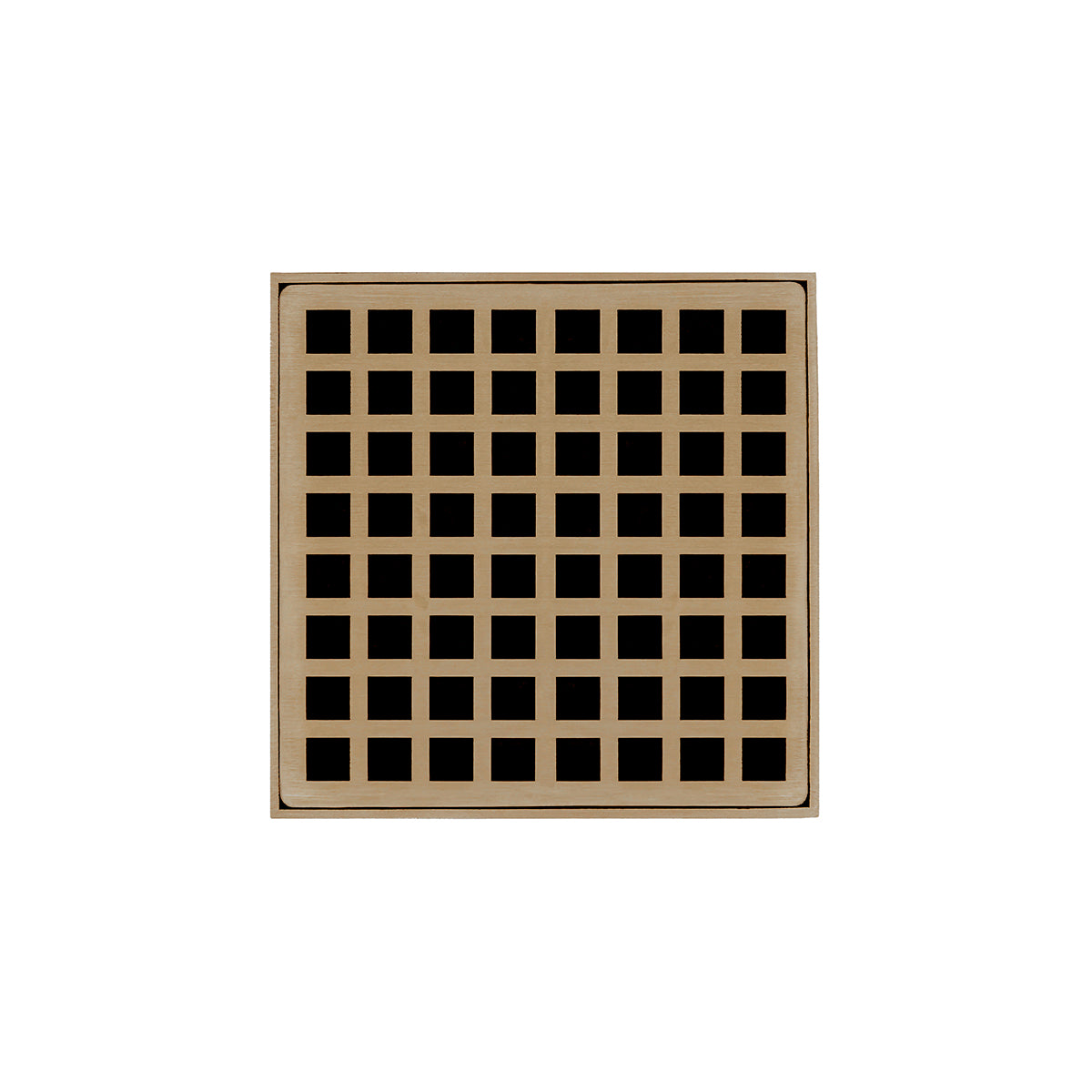 INFINITY DRAIN QD 5-3I SC QD 5 5" x 5" QD 5 High Flow Complete Kit with Squares Pattern Decorative Plate in Satin Champagne with Cast Iron Drain Body, 3" No-Hub Outlet