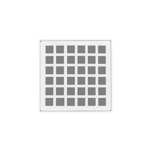 INFINITY DRAIN QDB 4-A MW QD 4 4" x 4" QDB 4 Complete Kit with Squares Pattern Decorative Plate in Matte White with ABS Bonded Flange Drain Body, 2", 3" and 4" Outlet