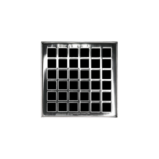 INFINITY DRAIN QDB 4-P PS QD 4 4" x 4" QDB 4 Complete Kit with Squares Pattern Decorative Plate in Polished Stainless with PVC Bonded Flange Drain Body, 2", 3" and 4" Outlet