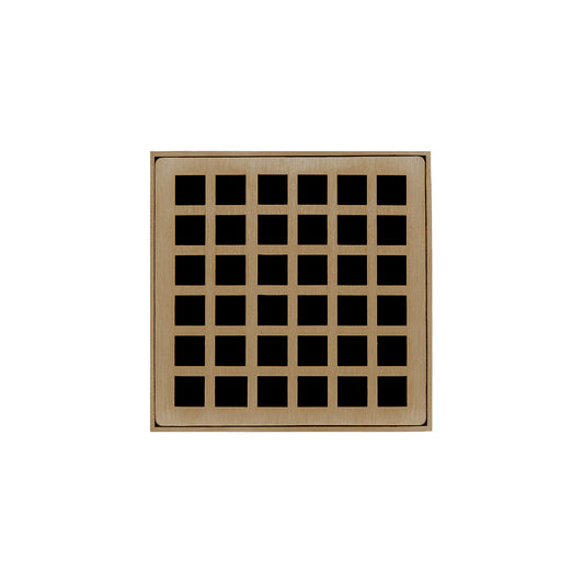 INFINITY DRAIN QDB 4-S SB QD 4 4" x 4" QDB 4 Complete Kit with Squares Pattern Decorative Plate in Satin Bronze with Stainless Steel Bonded Flange Drain Body, 2" No Hub Outlet