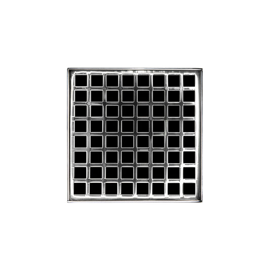 INFINITY DRAIN QDB 5-A PS QD 5 5" x 5" QDB 5 Complete Kit with Squares Pattern Decorative Plate in Polished Stainless with ABS Bonded Flange Drain Body, 2", 3" and 4" Outlet