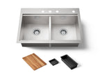 KOHLER K-RH23376-4PC-NA Lyric Workstation 33" Top-/Undermount Double-Bowl Kitchen Sink - Stainless Steel