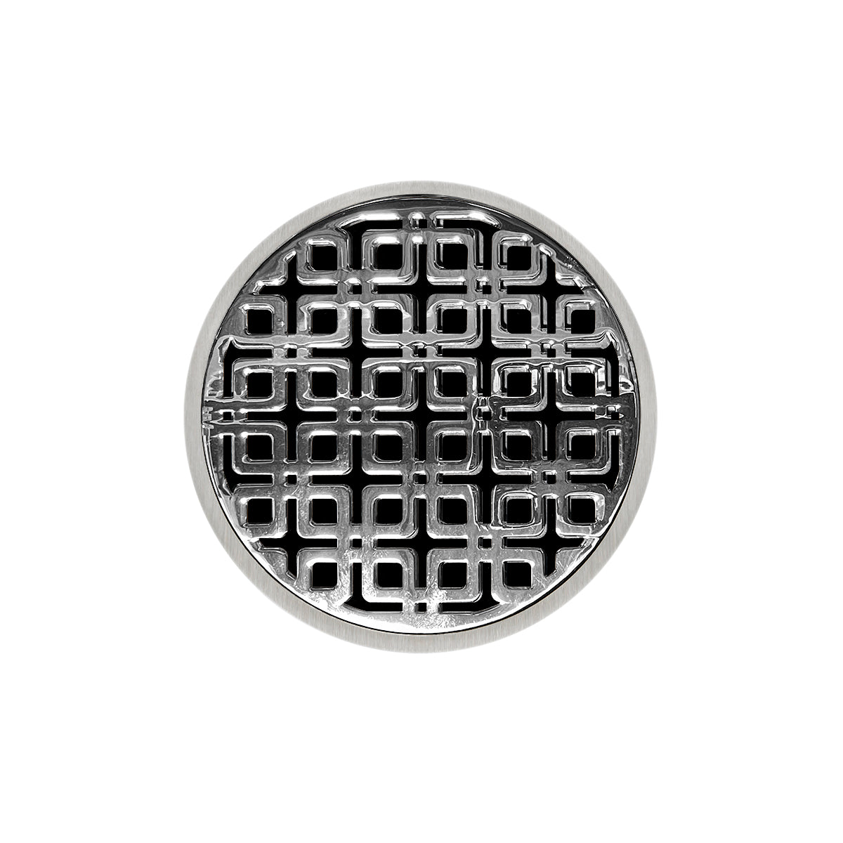 INFINITY DRAIN RKDB 5-P PS RKD 5 5" Round RKDB 5 Complete Kit with Link Pattern Decorative Plate in Polished Stainless with PVC Bonded Flange Drain Body, 2", 3" and 4" Outlet