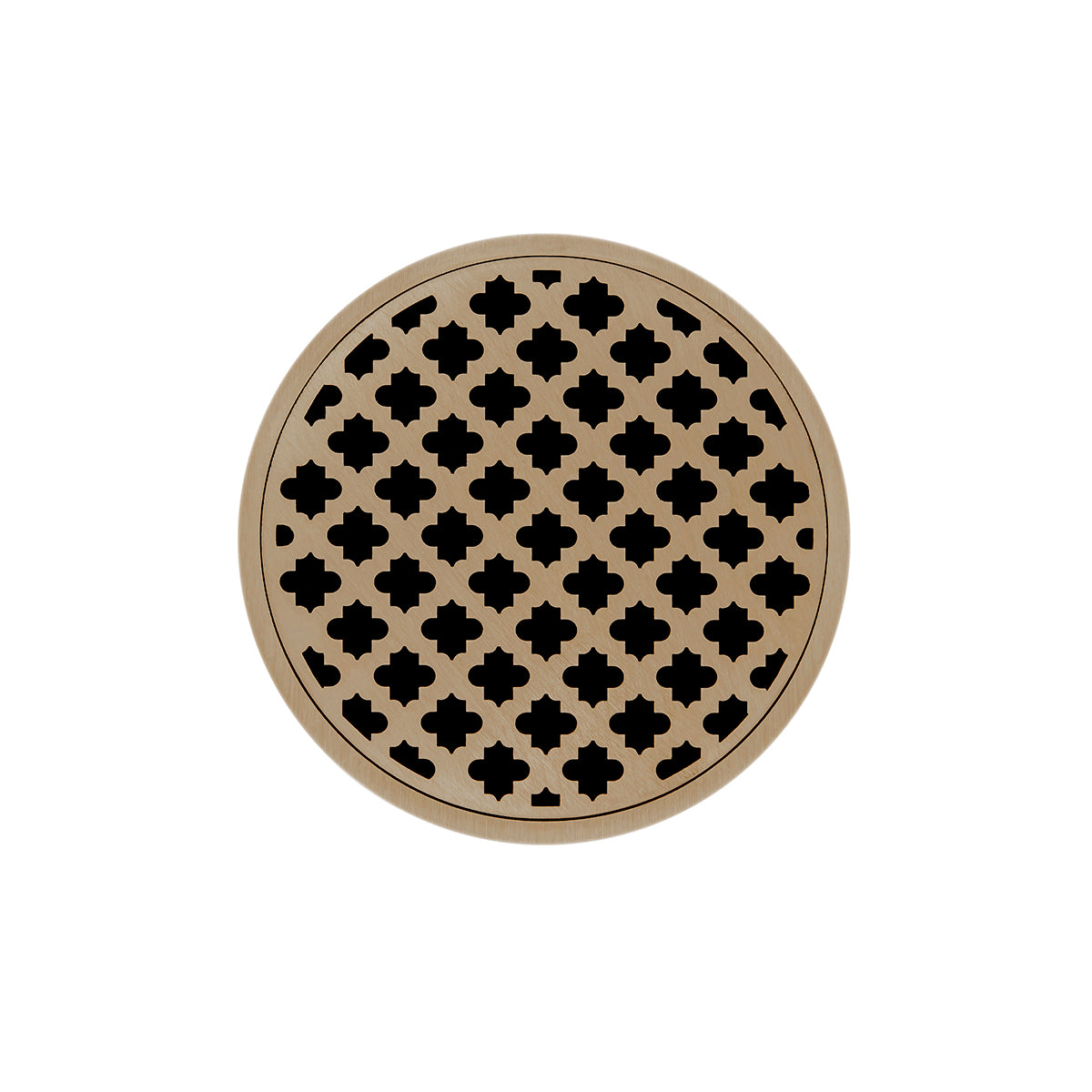 INFINITY DRAIN RMD 5-2H SC RMD 5 5" Round RMD 5 Complete Kit with Moor Pattern Decorative Plate in Satin Champagne with Cast Iron Drain Body for Hot Mop, 2" Outlet