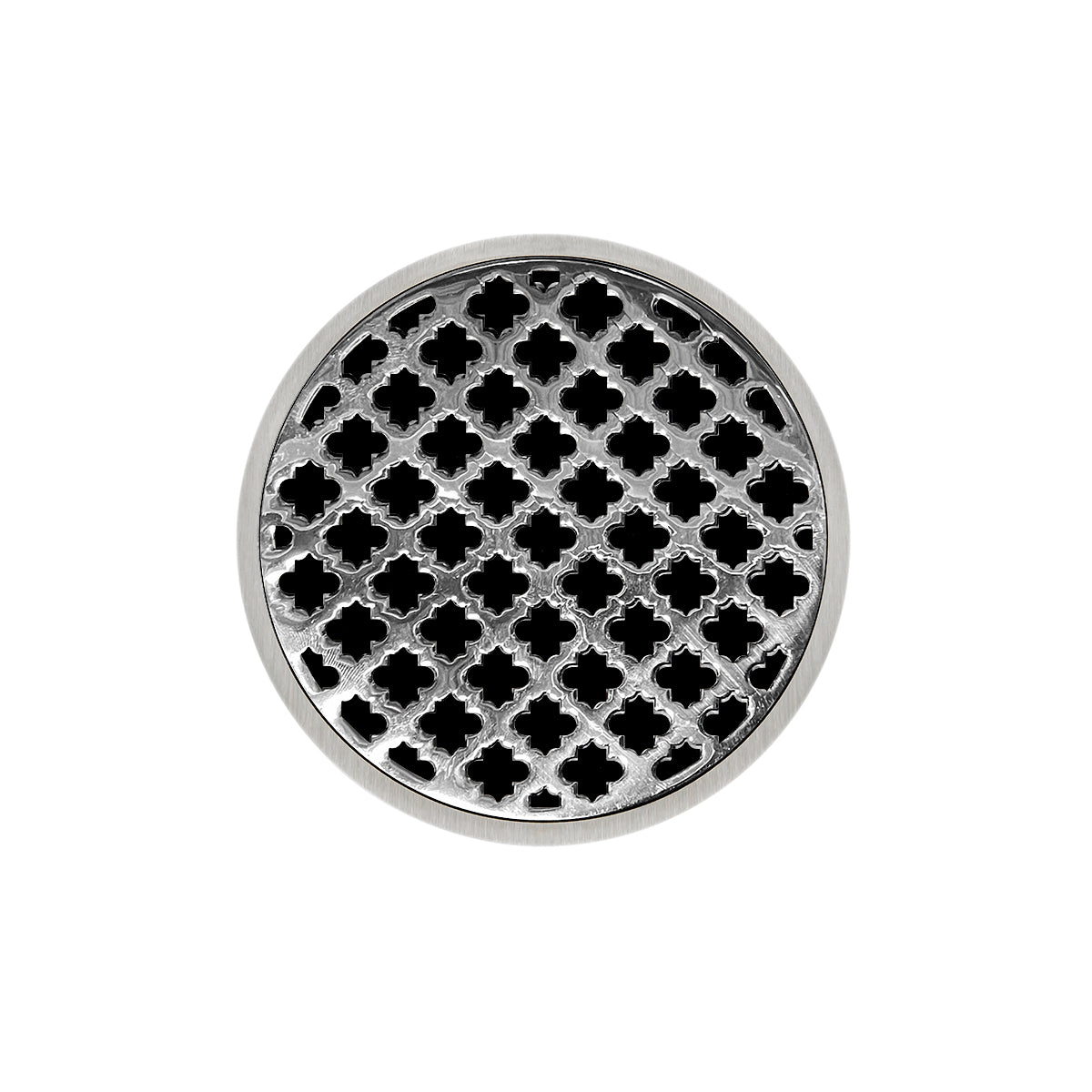 INFINITY DRAIN RMD 5-2I PS RMD 5 5" Round RMD 5 Complete Kit with Moor Pattern Decorative Plate in Polished Stainless with Cast Iron Drain Body, 2" Outlet
