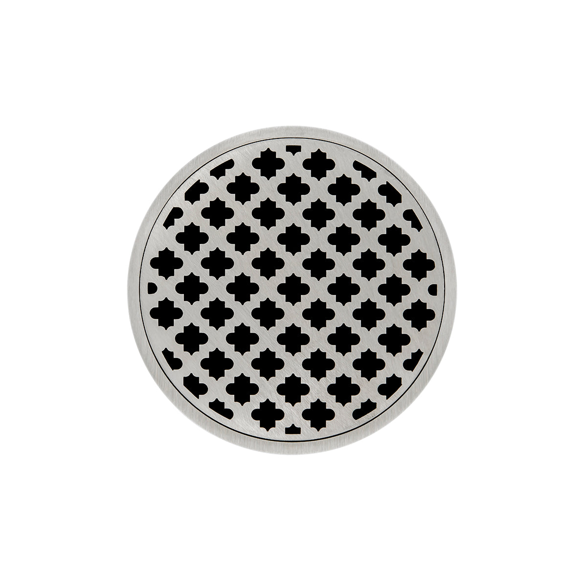 INFINITY DRAIN RMD 5-3A SS RMD 5 5" Round RMD 5 High Flow Complete Kit with Moor Pattern Decorative Plate in Satin Stainless with ABS Drain Body, 3" Outlet