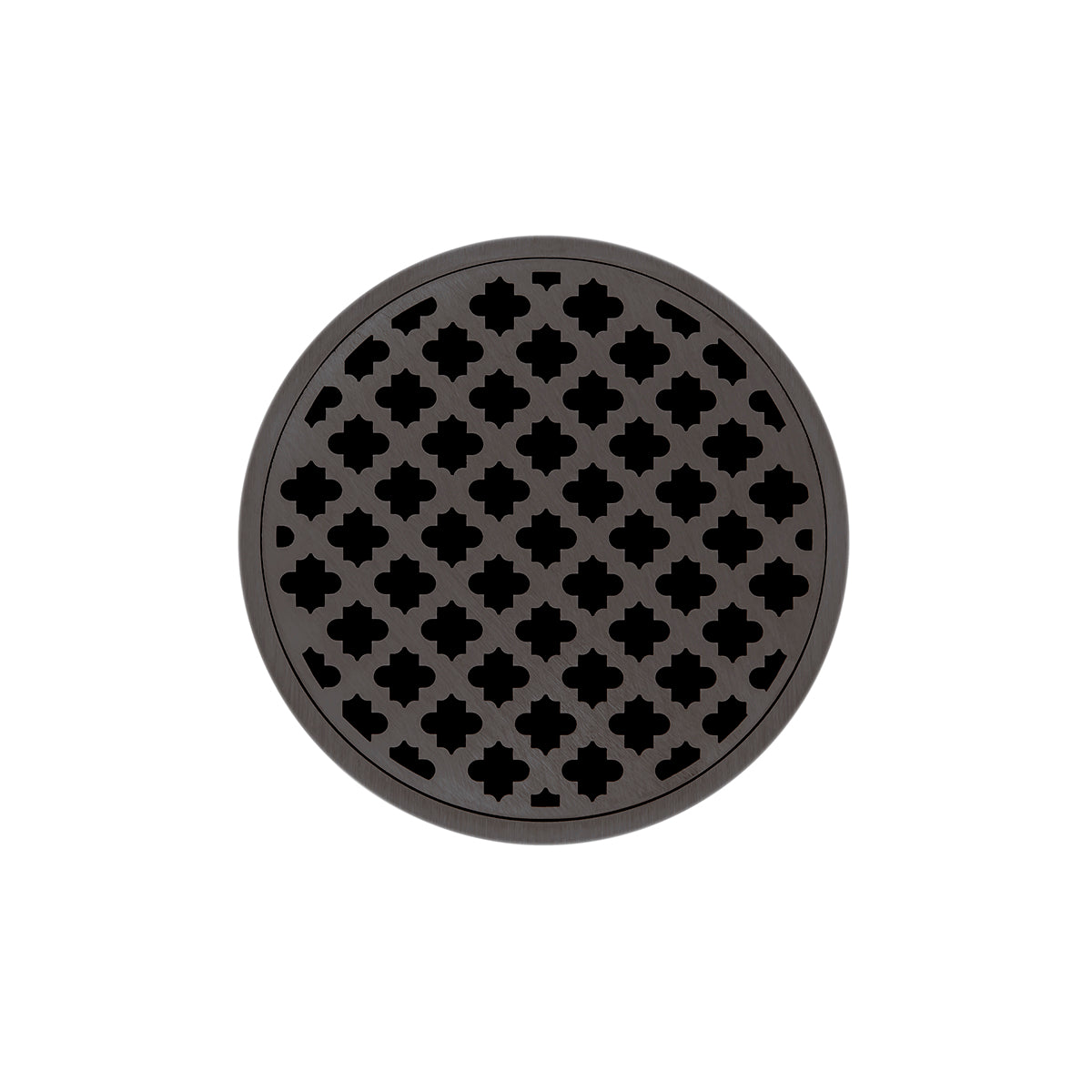 INFINITY DRAIN RMD 5-3I ORB RMD 5 5" Round RMD 5 High Flow Complete Kit with Moor Pattern Decorative Plate in Oil Rubbed Bronze with Cast Iron Drain Body, 3" No-Hub Outlet