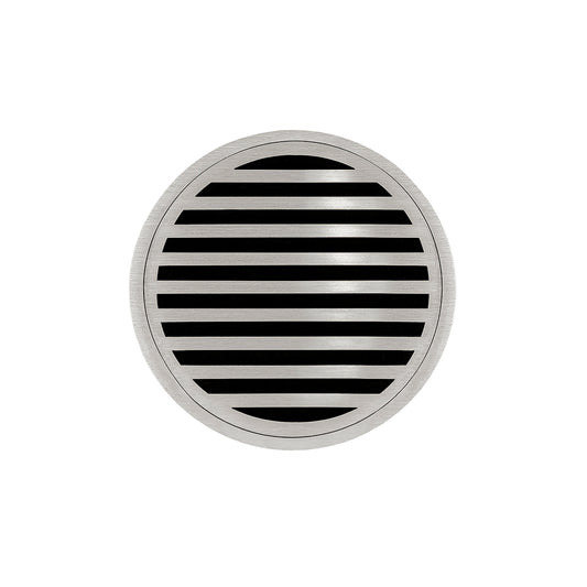 INFINITY DRAIN RN 5 SS RND 5 5" Round Strainer with Lines Pattern Decorative Plate and 2" Throat in Satin Stainless for RND 5