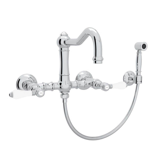 ROHL A1456LPWSAPC-2 Acqui Wall Mount Bridge Kitchen Faucet With Sidespray And Column Spout In Polished Chrome