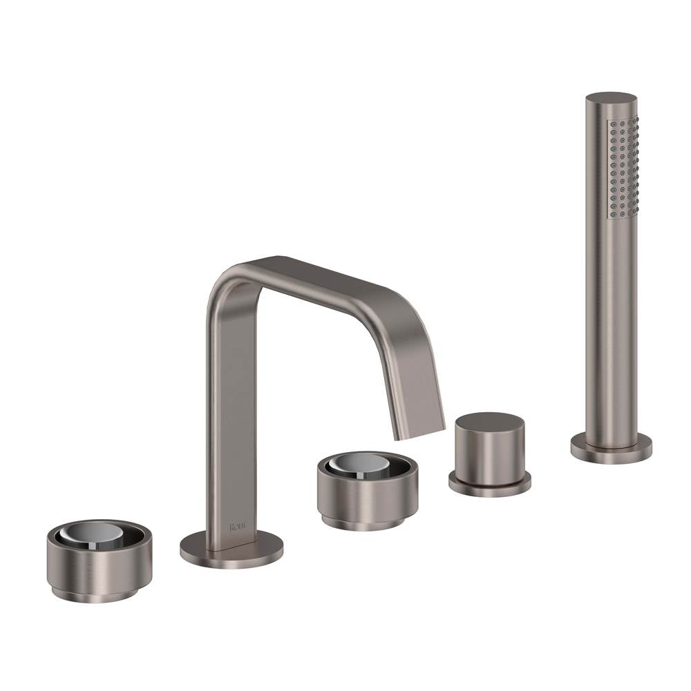 ROHL EC05D5IWSNC Eclissi 5-Hole Deck Mount Tub Filler With U-Spout In Satin Nickel/Polished Chrome