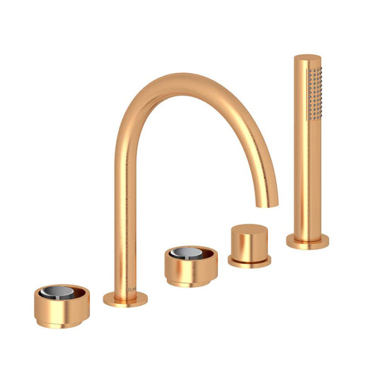 ROHL EC06D5IWSGC Eclissi 5-Hole Deck Mount Tub Filler With C-Spout In Satin Gold/Polished Chrome