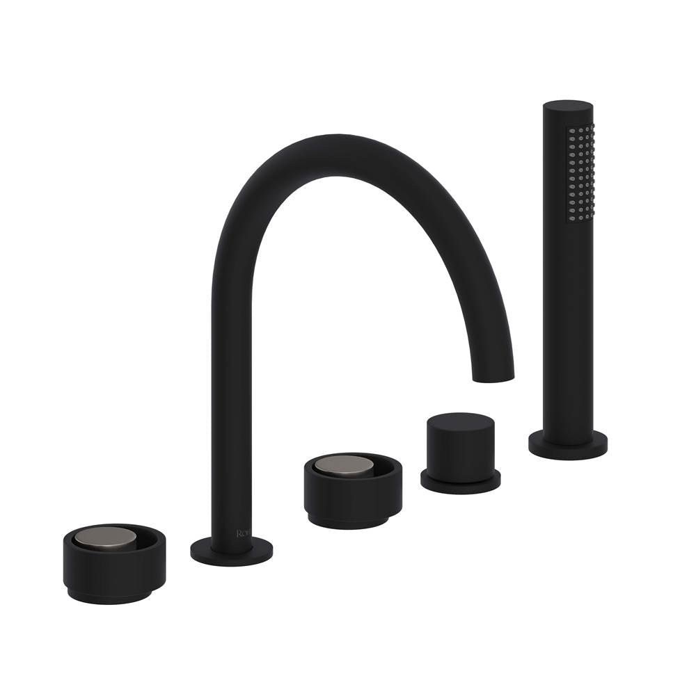 ROHL EC06D5IWMBN Eclissi 5-Hole Deck Mount Tub Filler With C-Spout In Matte Black/Satin Nickel