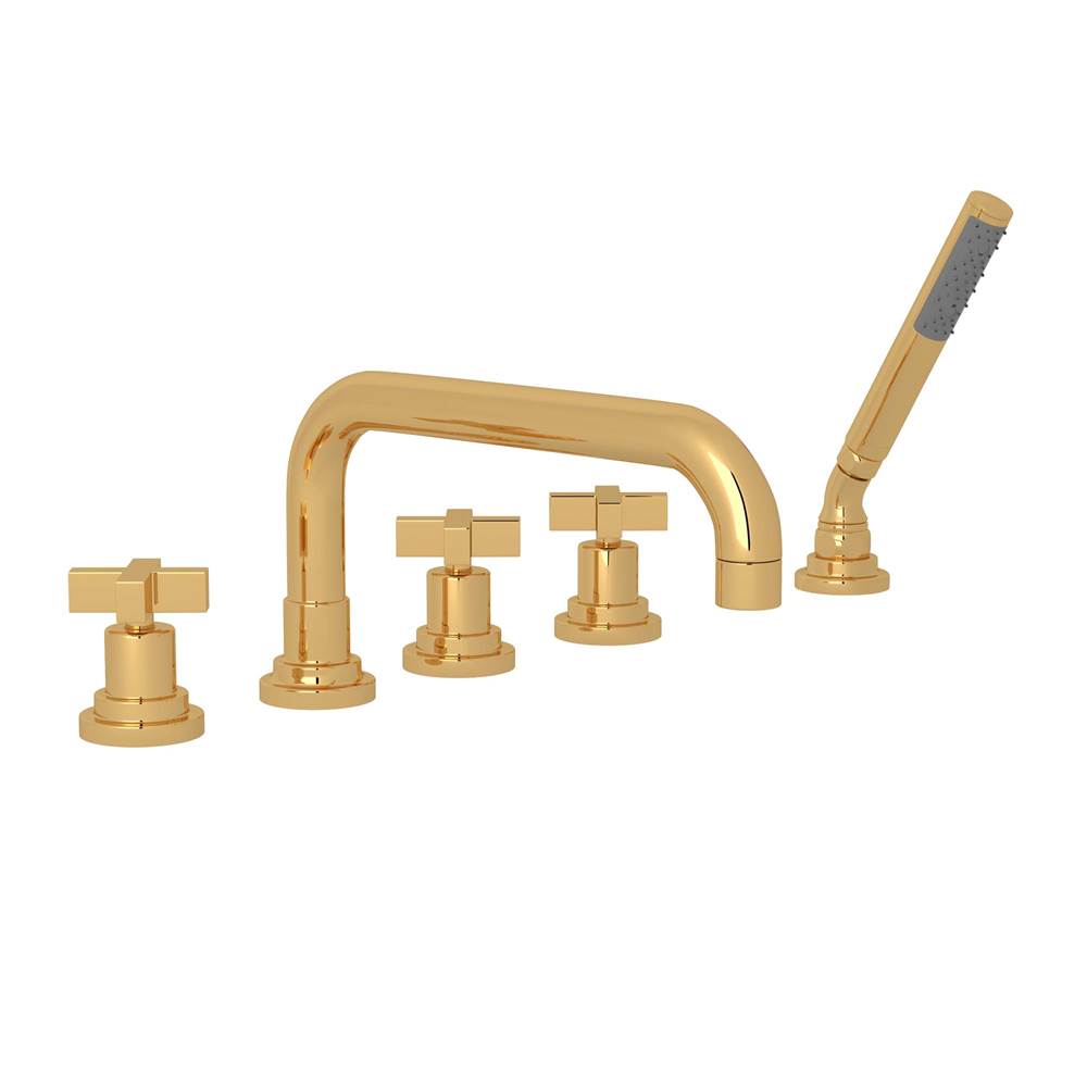 ROHL A2224XMULB Lombardia 5-Hole Deck Mount Tub Filler With U-Spout In Unlacquered Brass