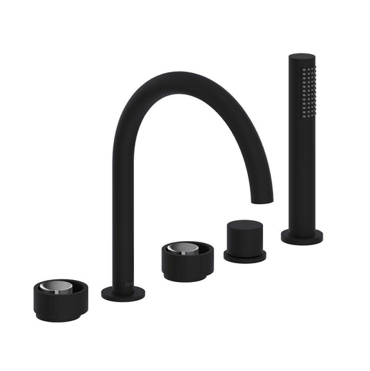 ROHL EC06D5IWMBC Eclissi 5-Hole Deck Mount Tub Filler With C-Spout In Matte Black/Polished Chrome