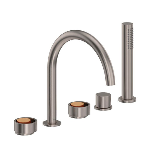 ROHL EC06D5IWSNG Eclissi 5-Hole Deck Mount Tub Filler With C-Spout In Satin Nickel/Satin Gold