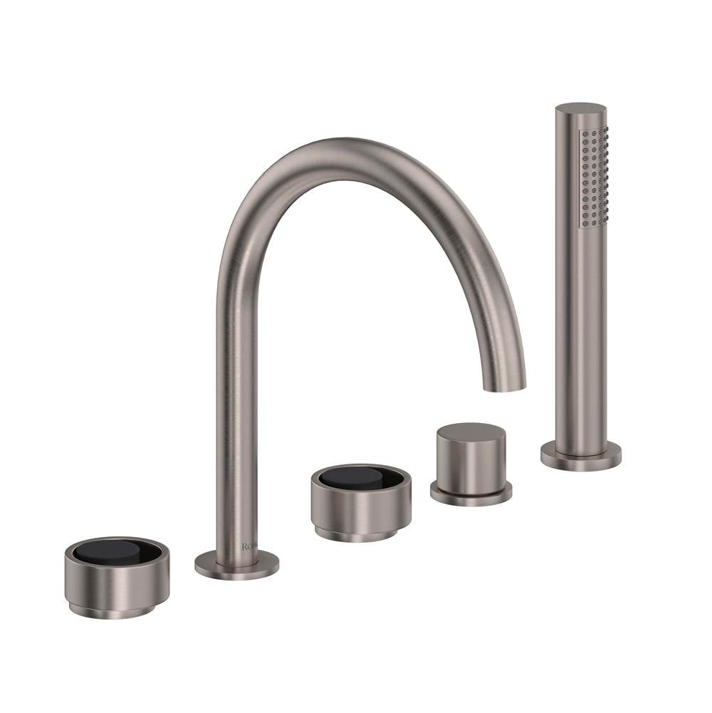 ROHL EC06D5IWSNB Eclissi 5-Hole Deck Mount Tub Filler With C-Spout In Satin Nickel/Matte Black