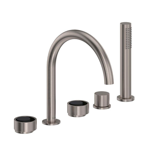ROHL EC06D5IWSNB Eclissi 5-Hole Deck Mount Tub Filler With C-Spout In Satin Nickel/Matte Black