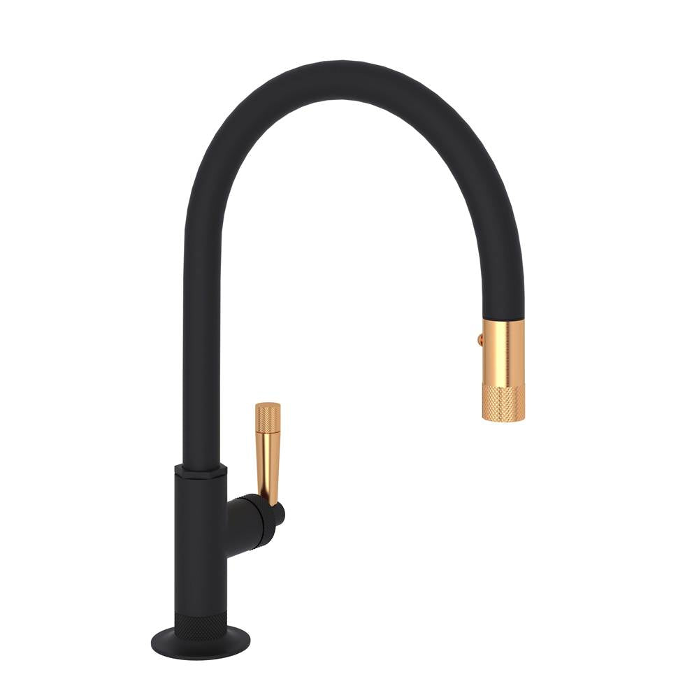 ROHL MB7930LMMBG-2 Graceline Pull-Down Kitchen Faucet With C-Spout In Matte Black/Satin Gold
