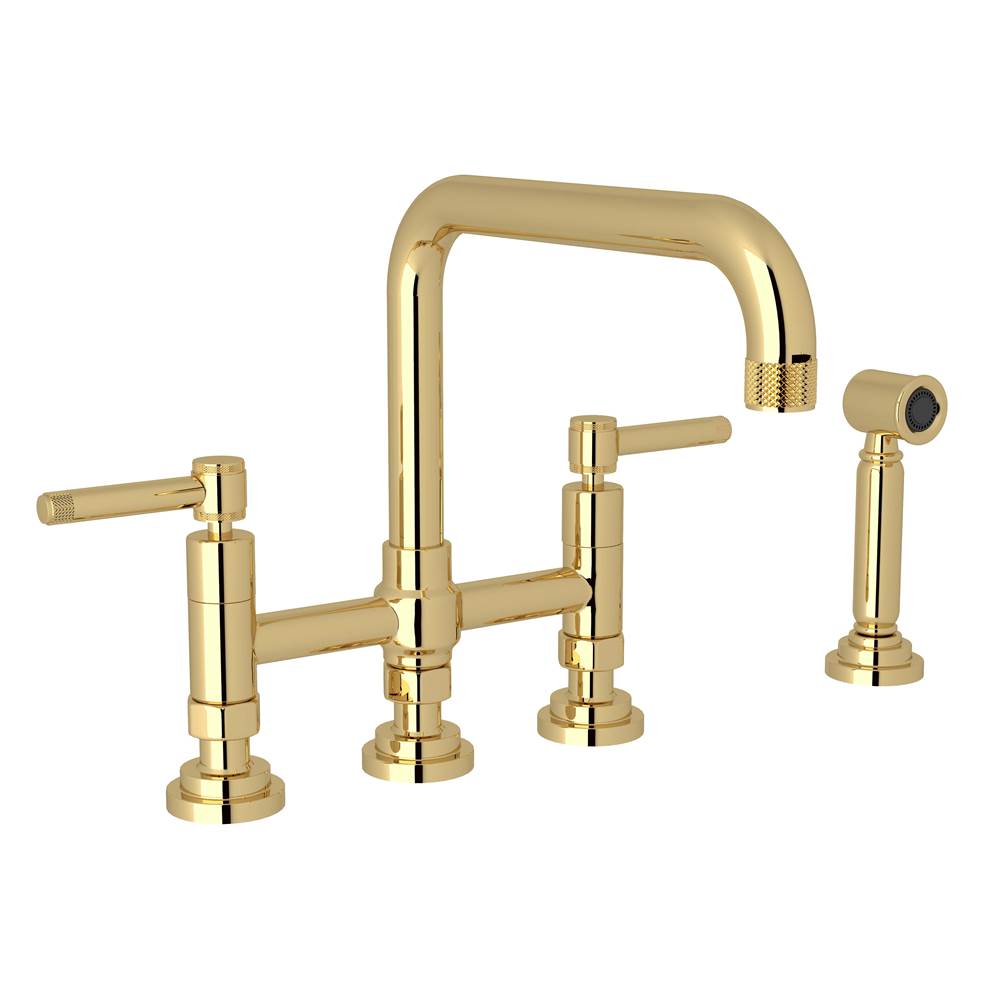 ROHL A3358ILWSULB-2 Campo Bridge Kitchen Faucet With Side Spray In Unlacquered Brass