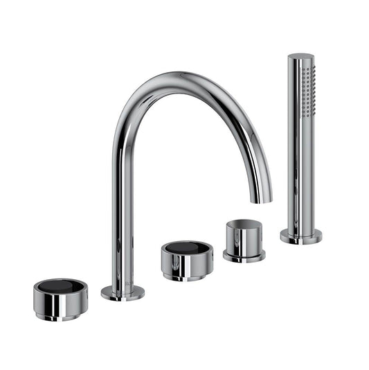 ROHL EC06D5IWPCB Eclissi 5-Hole Deck Mount Tub Filler With C-Spout In Polished Chrome/Matte Black