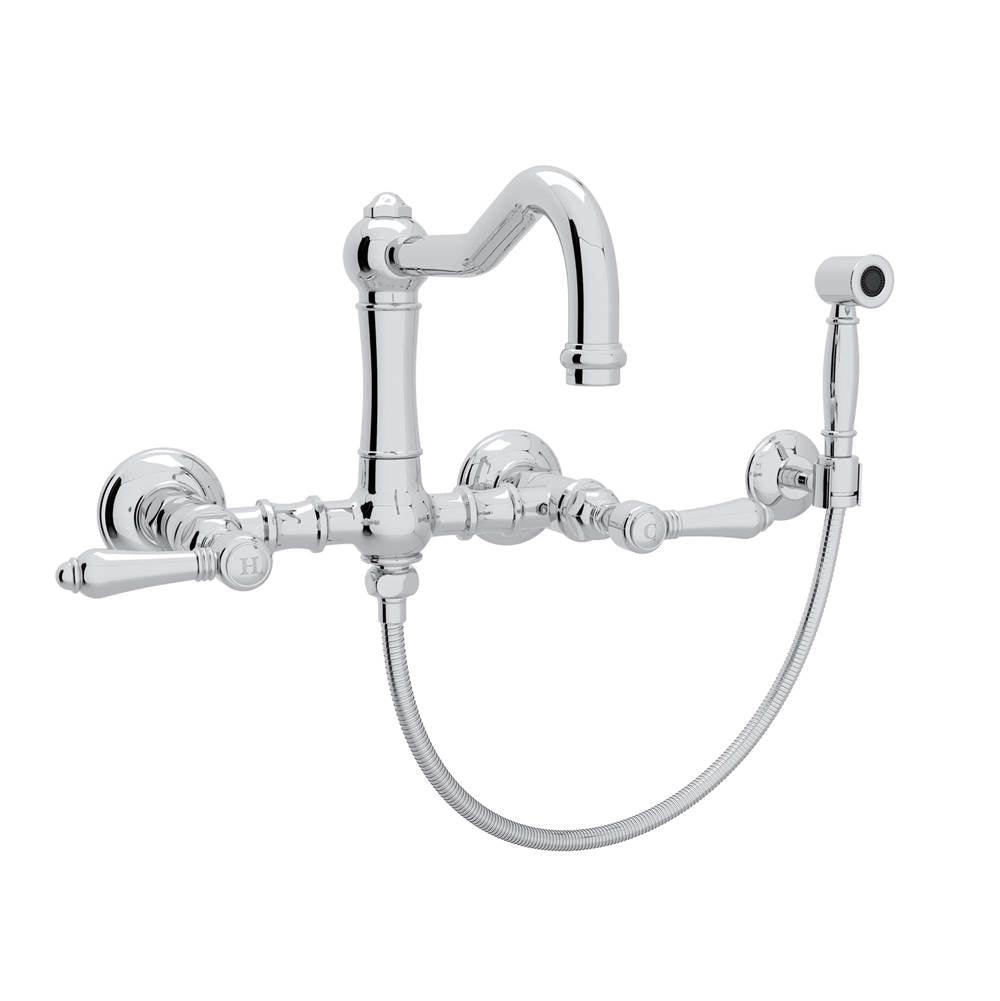 ROHL A1456LMWSAPC-2 Acqui Wall Mount Bridge Kitchen Faucet With Sidespray And Column Spout In Polished Chrome