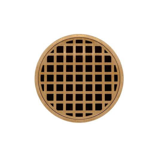 INFINITY DRAIN RQD 5-3I PB RQD 5 5" Round RQD 5 High Flow Complete Kit with Squares Pattern Decorative Plate in Polished Brass with Cast Iron Drain Body, 3" No-Hub Outlet