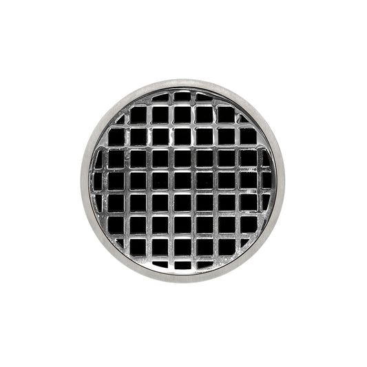 INFINITY DRAIN RQD 5-3I PS RQD 5 5" Round RQD 5 High Flow Complete Kit with Squares Pattern Decorative Plate in Polished Stainless with Cast Iron Drain Body, 3" No-Hub Outlet