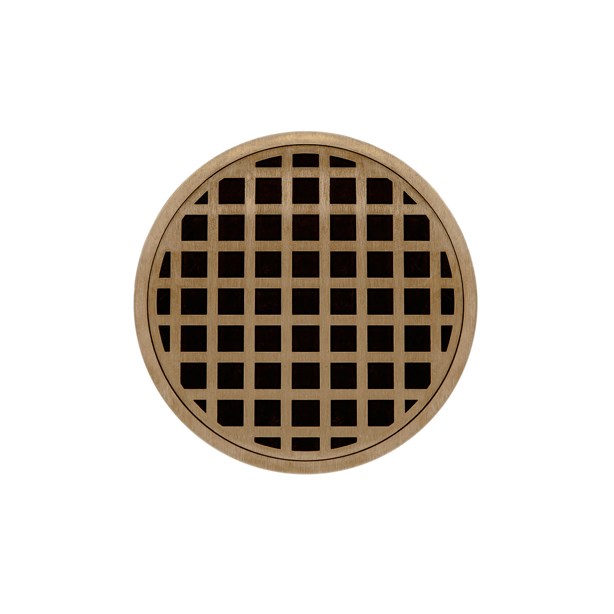 INFINITY DRAIN RQD 5-3I SB RQD 5 5" Round RQD 5 High Flow Complete Kit with Squares Pattern Decorative Plate in Satin Bronze with Cast Iron Drain Body, 3" No-Hub Outlet